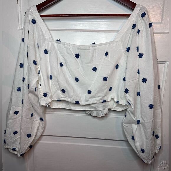 FARM RIO Blue Flowers Long Sleeve Crop Top Size Large - Picture 6 of 11